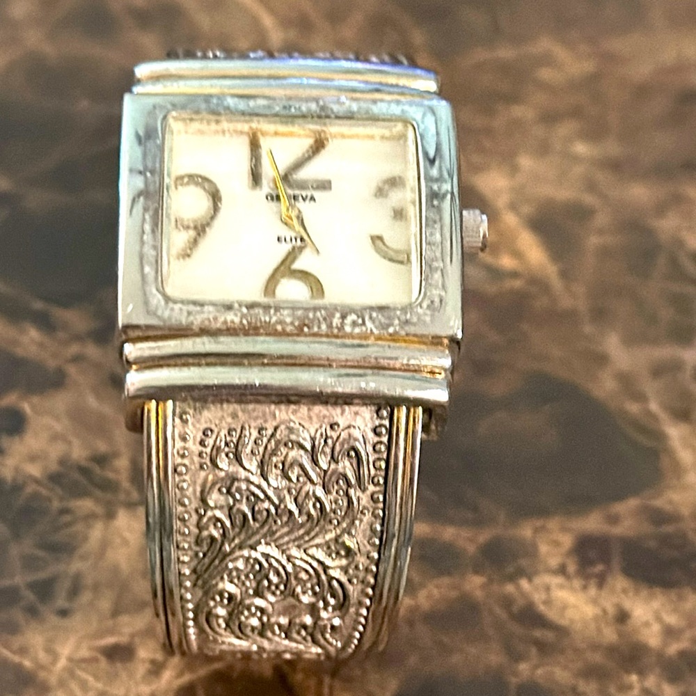 Watch  Vintage Geneva Elite  cuff style watch silver filigree ornate